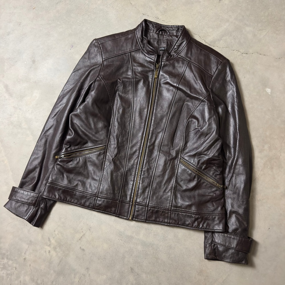 Tribal Leather Moto Jacket Womens 14 Brown Perforated Zip Mock Neck Minimalist